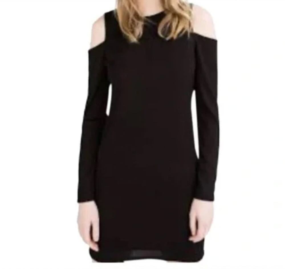 Zara Black Ribbed Cold Shoulder Knit Skater Dress L Large